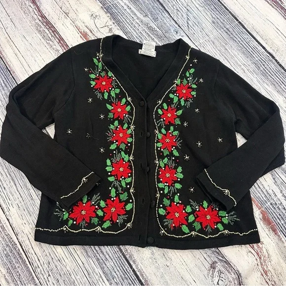 Vintage Christmas Beaded Black Cardigan with Red Floral Embroidery - Picture 2 of 8